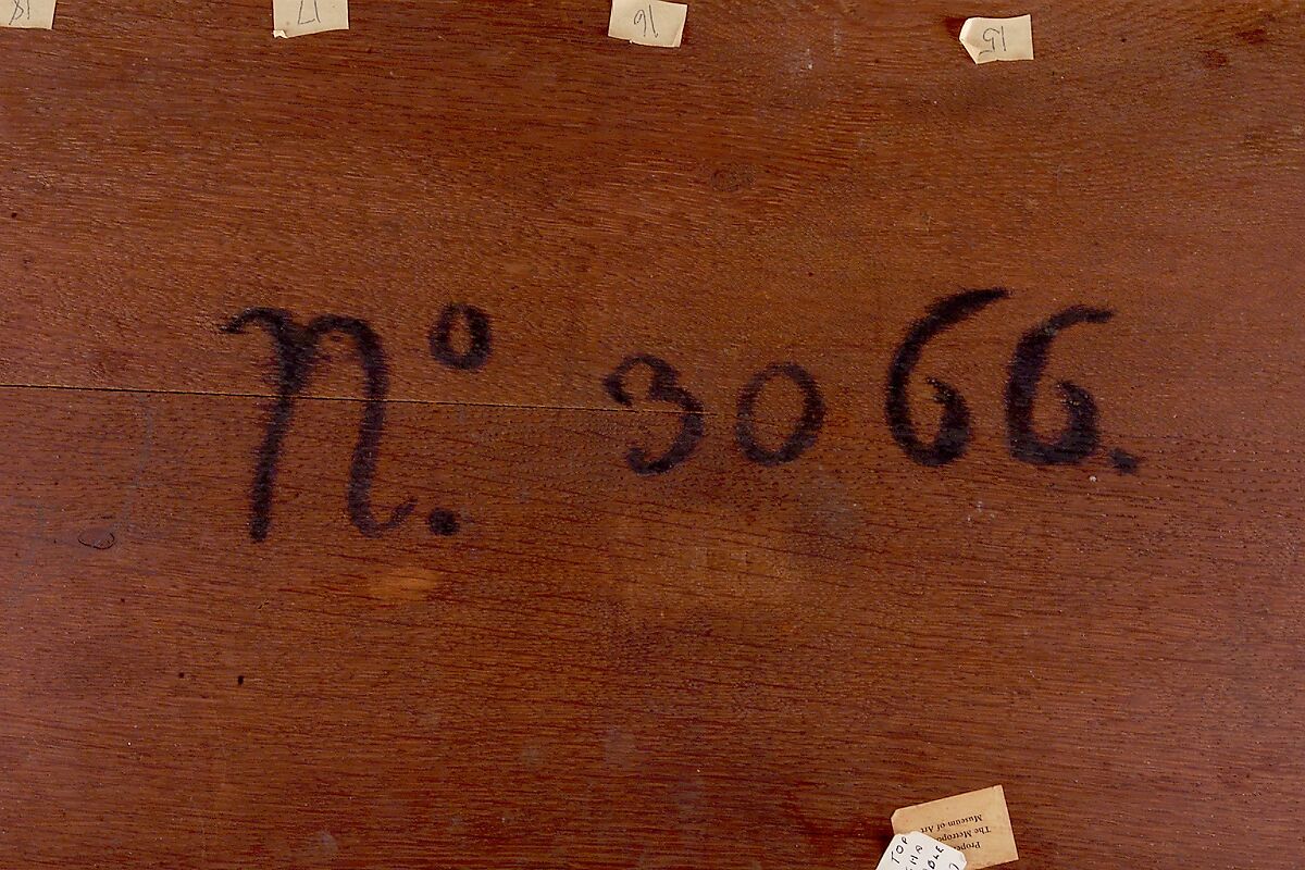 Mechanical table, Jean Henri Riesener (French, Gladbeck, North Rhine-Westphalia 1734–1806 Paris), Oak veneered with mahogany and marquetry of bois satiné, sycamore, holly, ebonized holly fillets, and bayberry, the top with an amaranth border; gilt-bronze mounts; mirror glass; iron and brass fittings; green velvet (not original), French, Paris