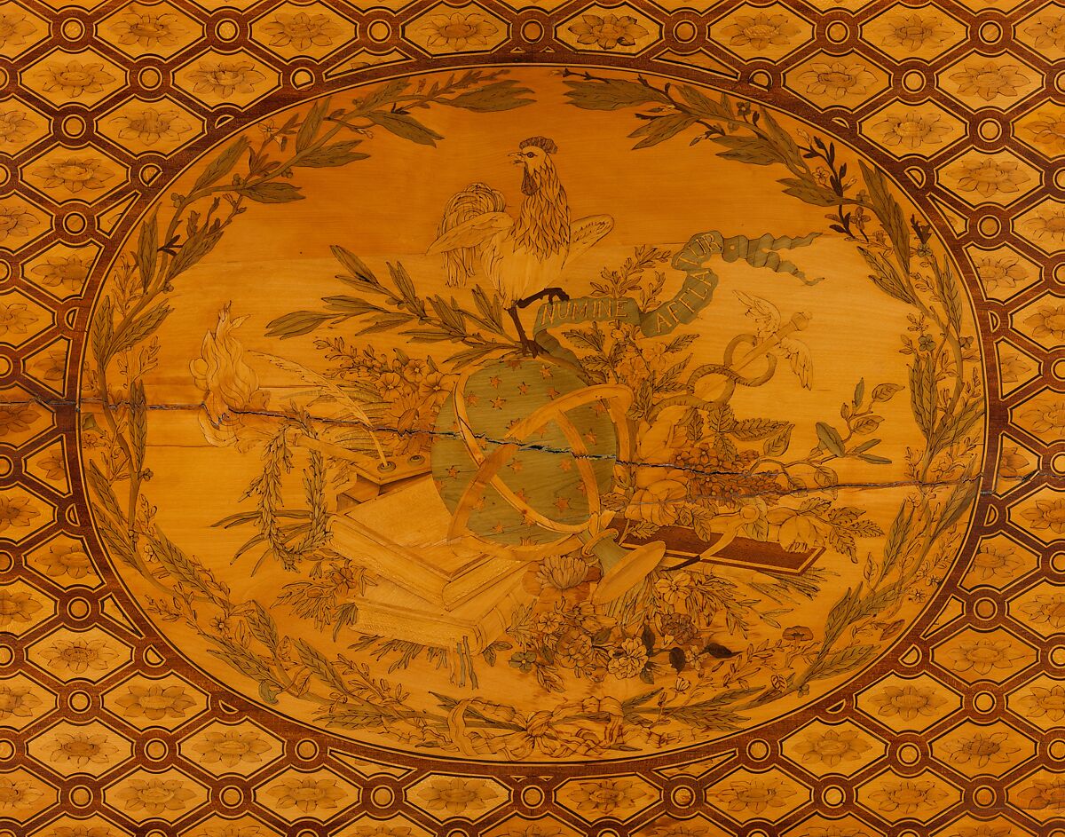 Mechanical table, Jean Henri Riesener (French, Gladbeck, North Rhine-Westphalia 1734–1806 Paris), Oak veneered with mahogany and marquetry of bois satiné, sycamore, holly, ebonized holly fillets, and bayberry, the top with an amaranth border; gilt-bronze mounts; mirror glass; iron and brass fittings; green velvet (not original), French, Paris