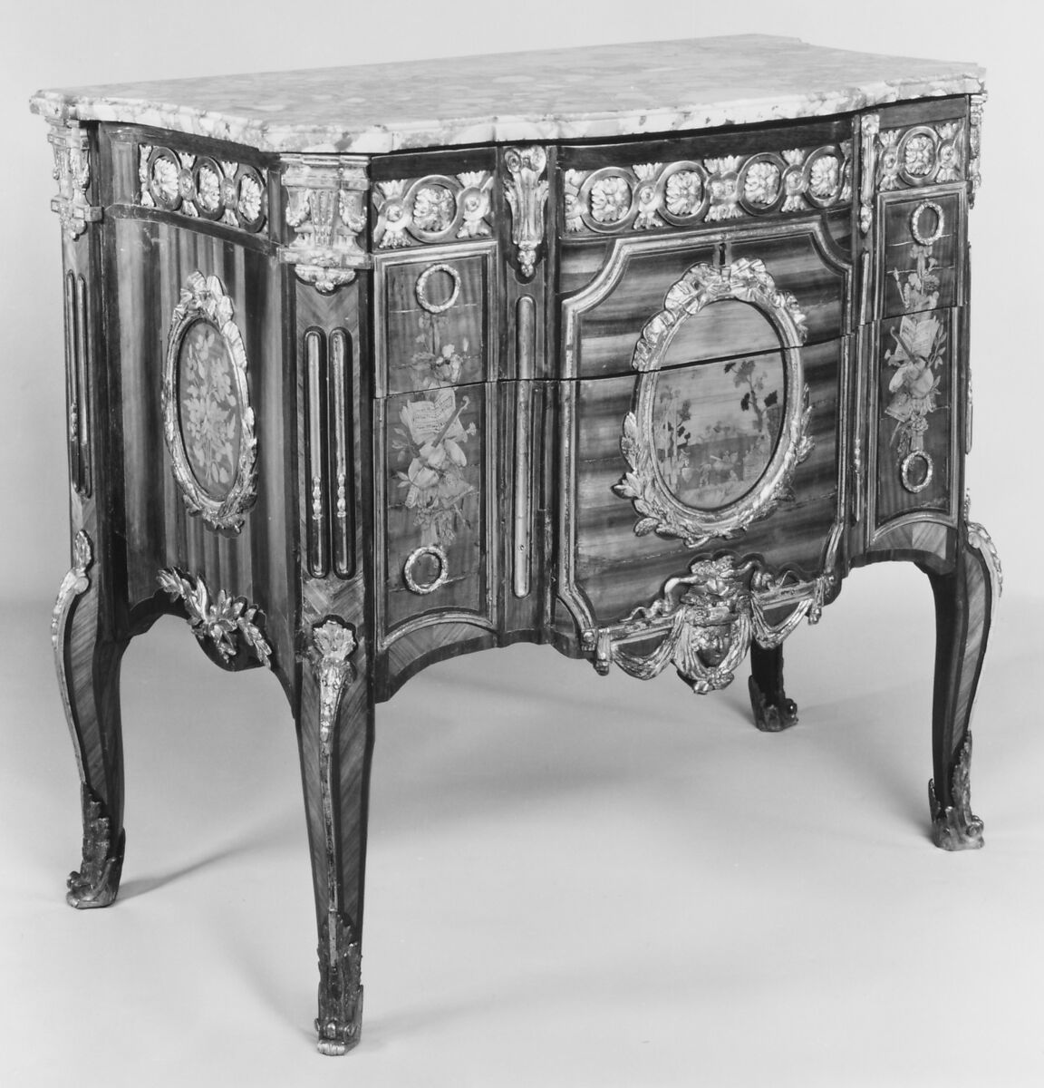 Commode, Pierre Antoine Foullet (master 1765), Marquetry, harewood and various woods; gilt bronze, marble, French, Paris 