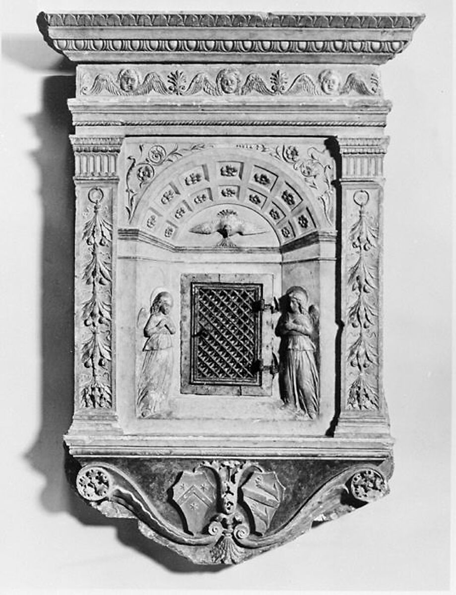 Tabernacle, Grey limestone, partially gilt and polychromed, iron, Central Italian 