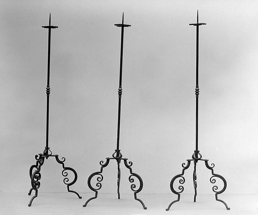 Set of six torchères, Iron, brass, Italian