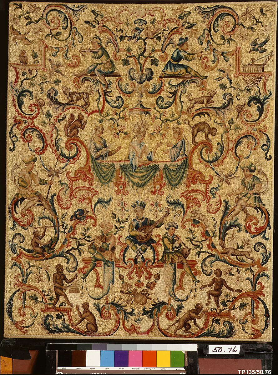 Panel for a fire screen, Wool and silk petit-point embroidery on canvas with details in slight relief, French, Saint-Cyr 