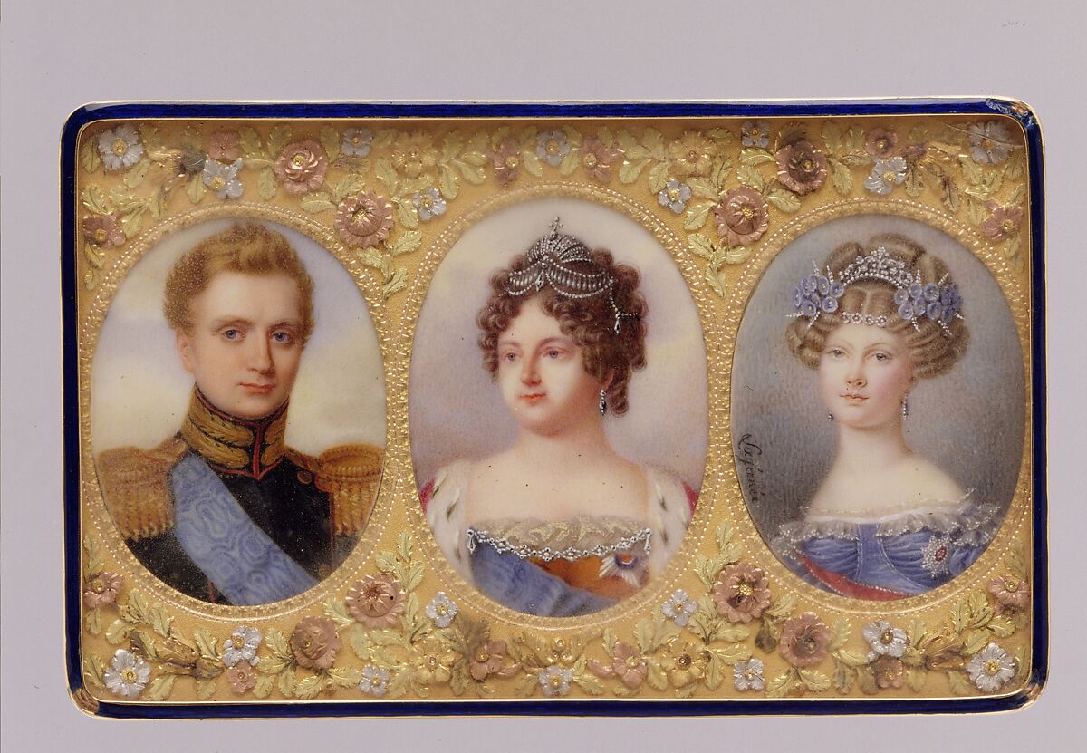 Snuffbox with portraits of Empress Maria Feodorovna, her Son Grand Duke Michael Pavlovich, and her daughter-in-law Elena Pavlovna, Miniatures by Anthelme François Lagrenée (French, Paris 1774–1832 Paris), Gold, silver, tortoiseshell, enamel, ivory, glass, possibly Swiss 