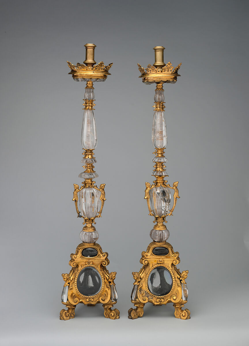 Pair of altar candlesticks, Bronze, fire-gilt, rock crystal, Italian, possibly Naples 