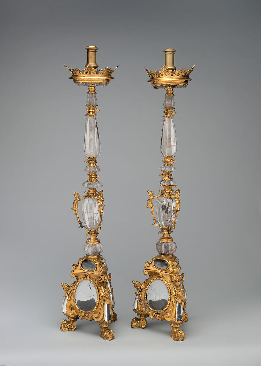 Pair of altar candlesticks, Bronze, fire-gilt, rock crystal, Italian, possibly Naples
