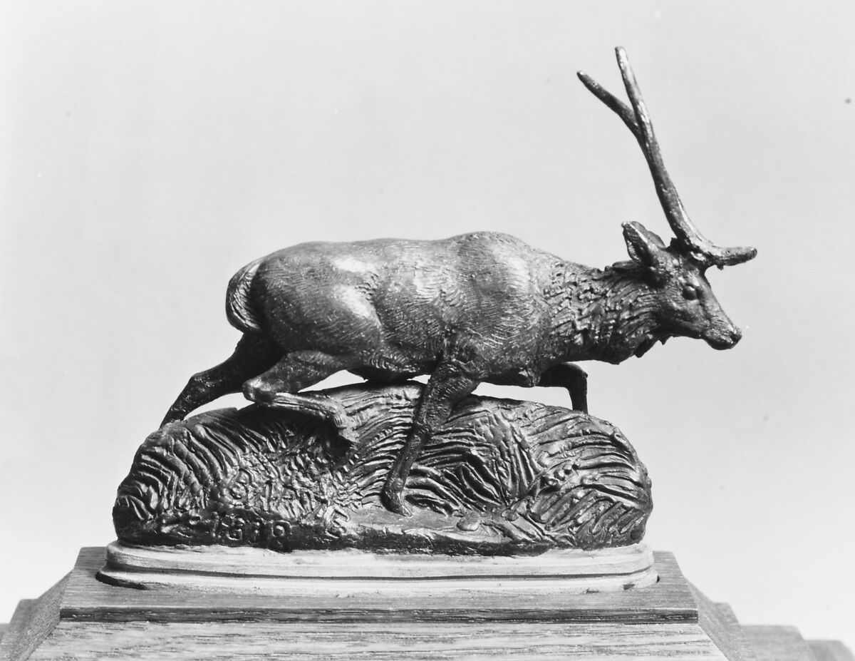 Java Deer, Antoine-Louis Barye (French, Paris 1795–1875 Paris), Wax, wood base, French 