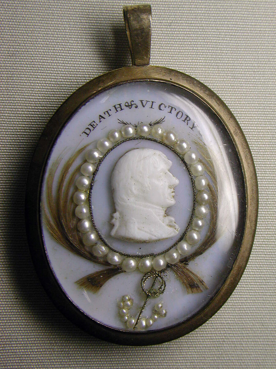 Viscount Admiral Lord Nelson, Bust: gold wire, glass paste; anchor and border: glass, half-pearls, human hair; frame: gold wire, silk, copper-gilt, British 