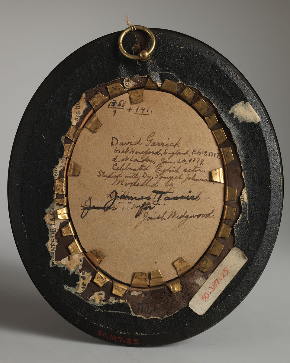 David Garrick (1717–1779), After a model by James Tassie (British, Glasgow, Scotland 1735–1799 London), Colorless wax with accents in brown paint, against black background, under glass; frame: wood, British