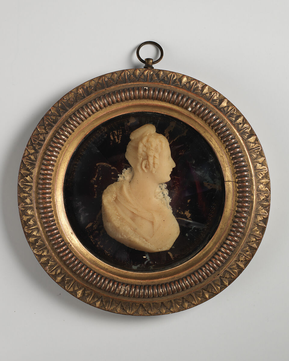 Portrait of a lady, possibly Mrs. Timothy Shelley, Mother of Percy Byron Shelley, Possibly by Samuel Percy (Irish, 1750–1820, active England 1772), Colorless wax on glass painted red; frame: gold wood and glass, British 