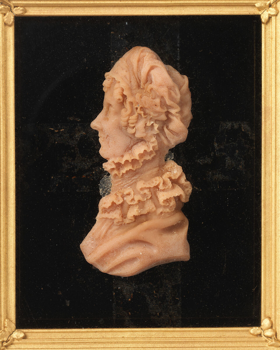 Mrs. Mary Chatham, T. R. Poole (active 1799, died ca. 1821), Pink wax on glass painted black; frame: gold wood within shadow box covered in brown velvet, with glass, British