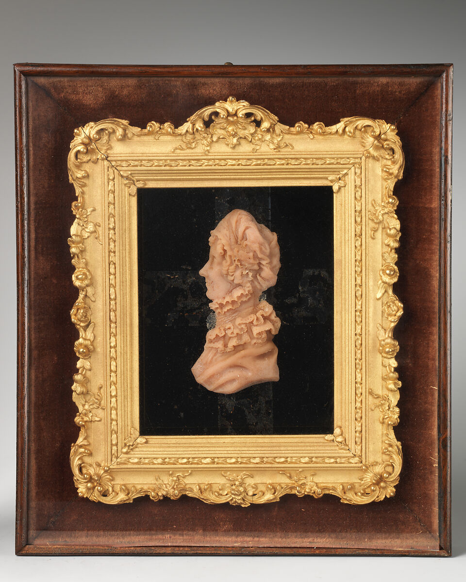 Mrs. Mary Chatham, T. R. Poole (active 1799, died ca. 1821), Pink wax on glass painted black; frame: gold wood within shadow box covered in brown velvet, with glass, British 