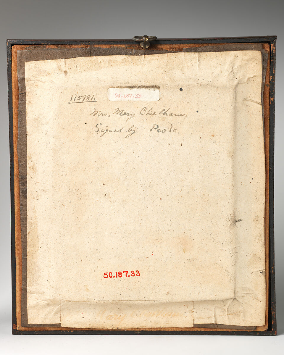 Mrs. Mary Chatham, T. R. Poole (active 1799, died ca. 1821), Pink wax on glass painted black; frame: gold wood within shadow box covered in brown velvet, with glass, British
