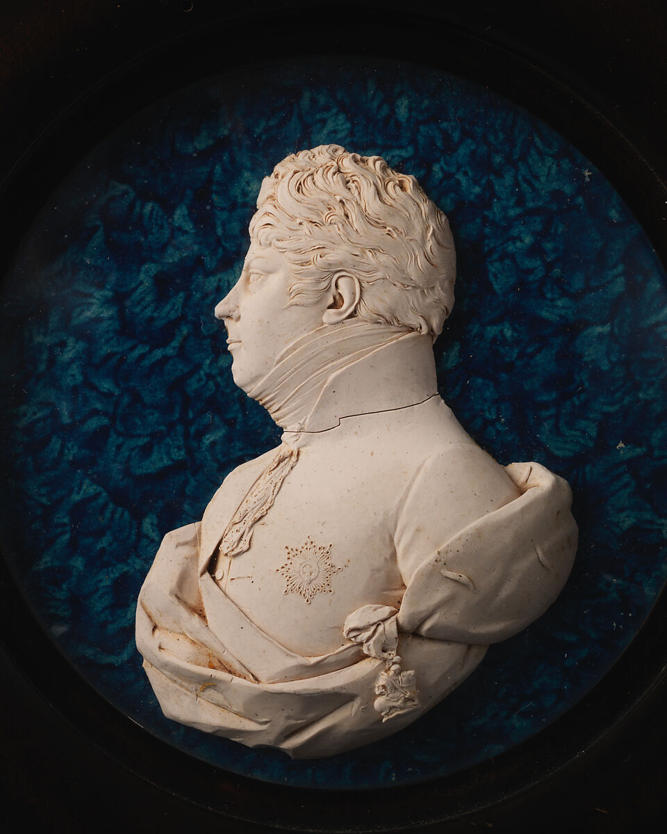 George Augustus Frederick, Prince of Wales (1762–1830), afterwards George IV of England (1820–1830), T. R. Poole (active 1799, died ca. 1821), Pink wax on blue velvet ground, under glass; frame: wood with brass mount., British