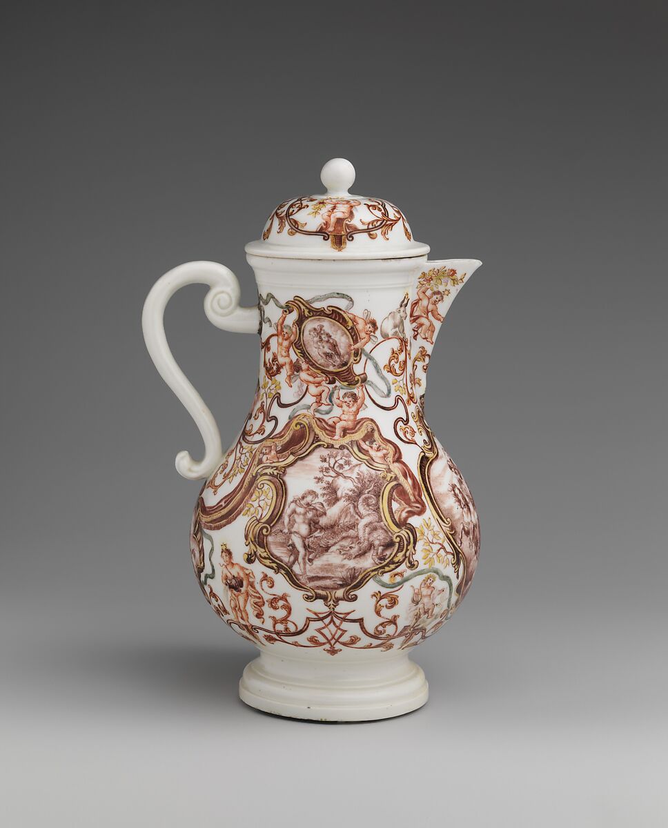 Coffeepot, Meissen Manufactory (German, 1710–present), Hard-paste porcelain decorated in polychrome enamels, German, Meissen and Breslau (Wrocław) 
