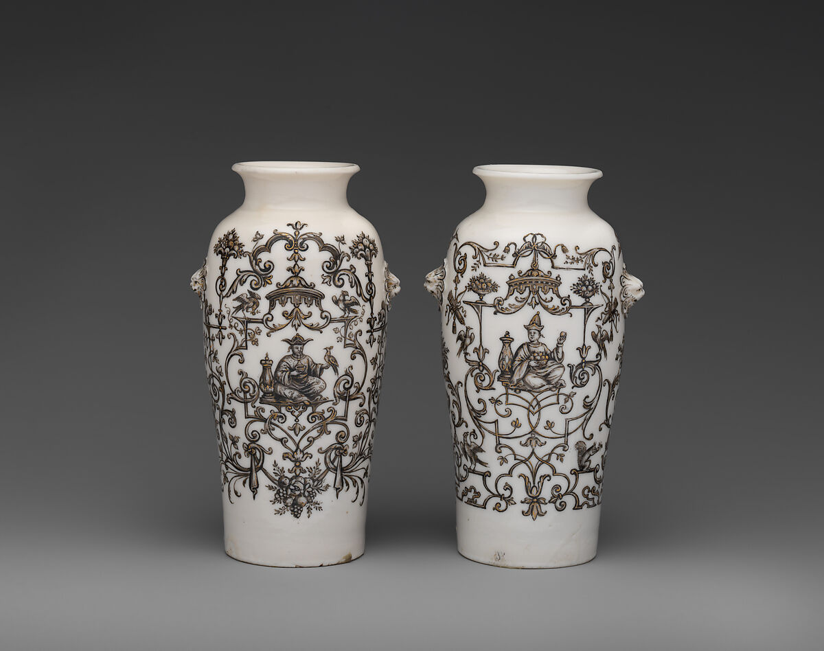 Pair of vases, Decorated by the Hausmaler Ignaz Preissler (German, Friedrichswald 1676–1741Kronsstadt), Hard-paste porcelain (Dehua, so-called blanc de chine), Chinese and European 