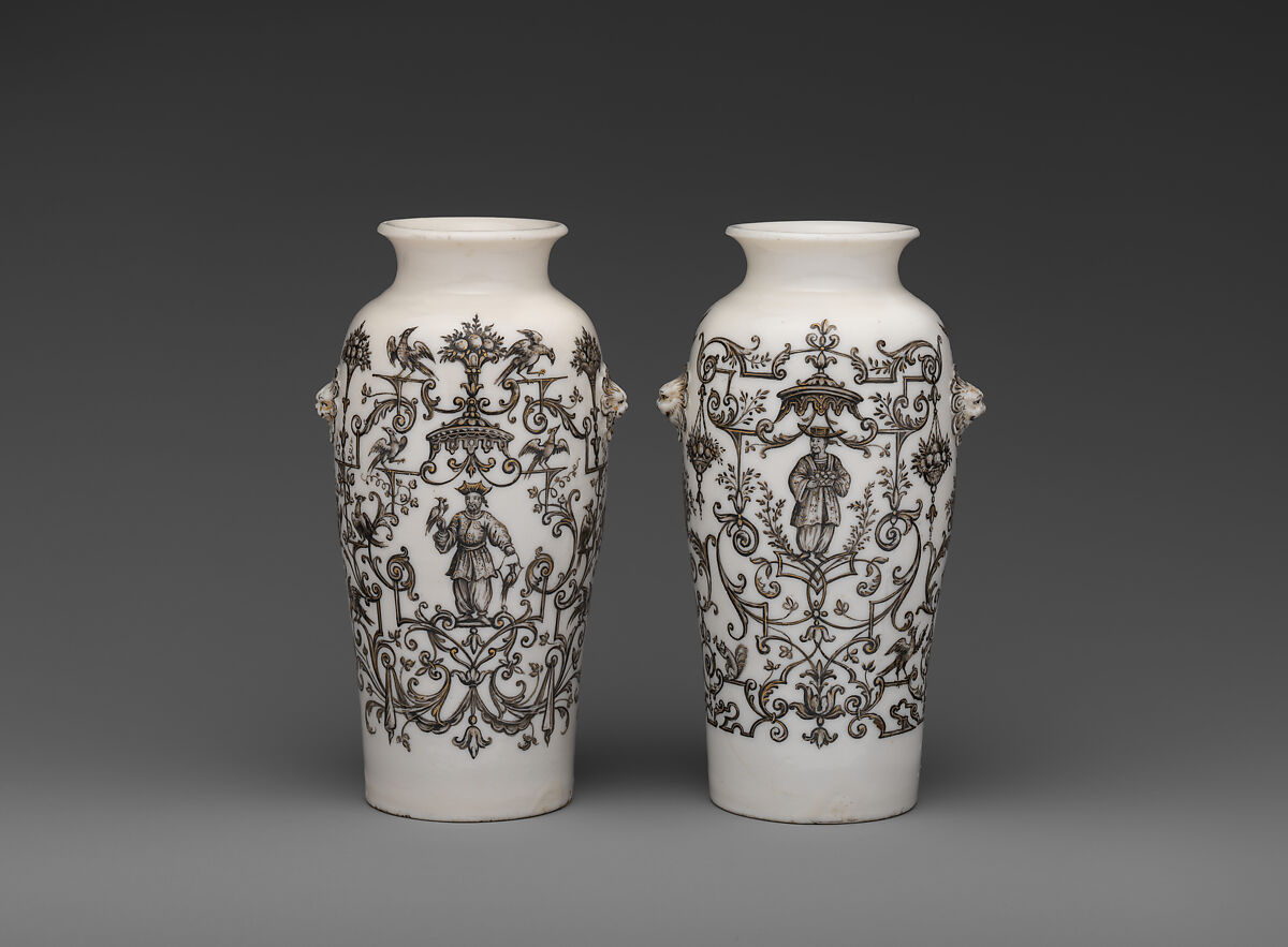 Pair of vases, Decorated by the Hausmaler Ignaz Preissler (Bohemian, Bedřichovka ca.1676–1741 Kunstàt), Hard-paste porcelain (Dehua, so-called blanc de chine), Chinese and European