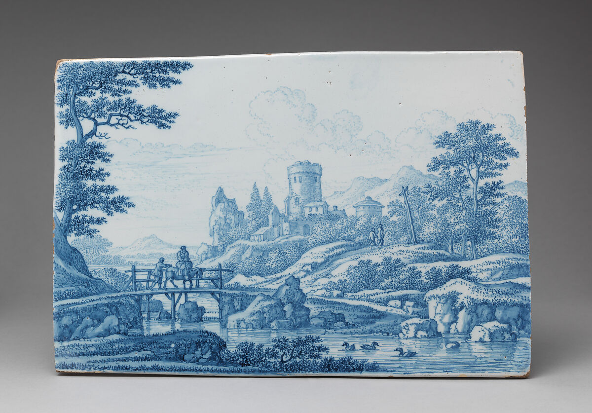 Plaque with an Italinate landscape, Frederick van Frijtom (ca. 1632–1702), Tin-glazed earthenware, Dutch, Delft 