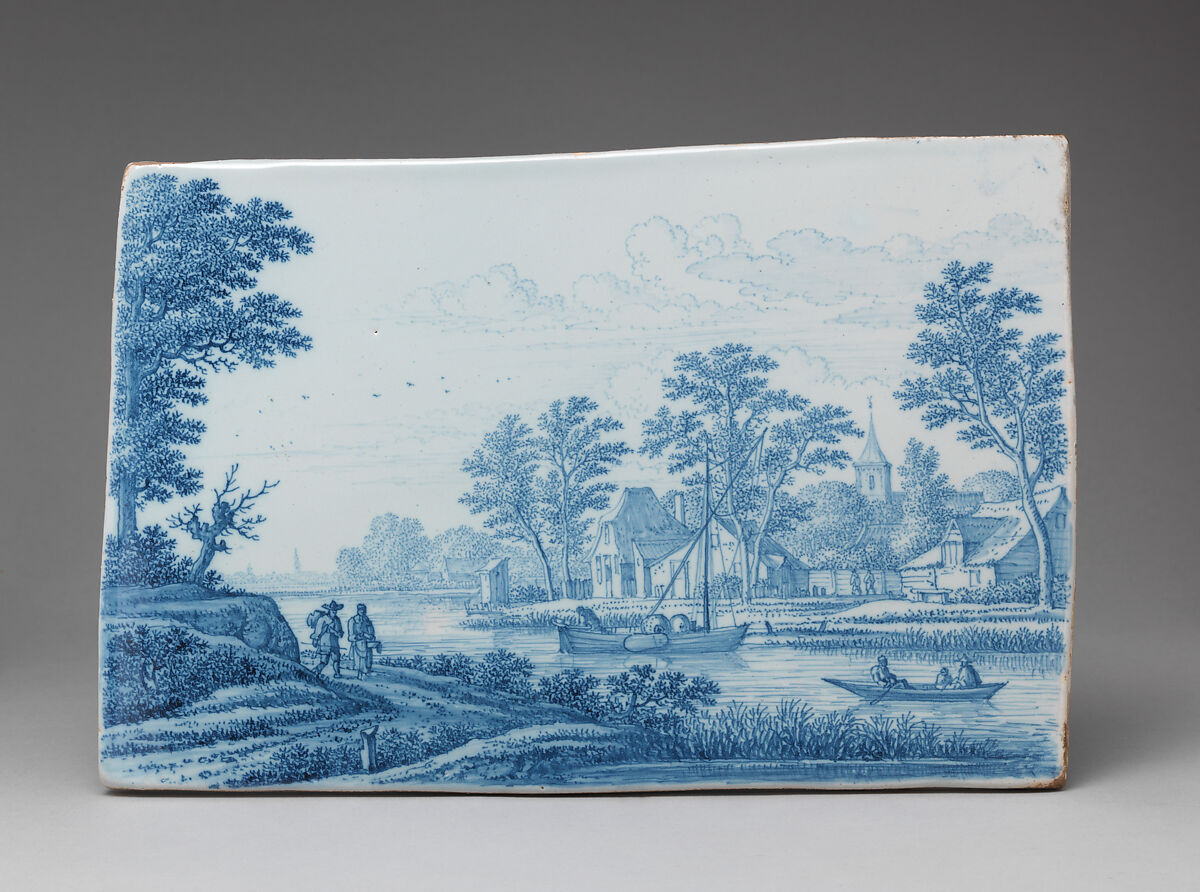 Plaque with a Dutch landscape, possibly a view of Kethel, Frederick van Frijtom (ca. 1632–1702), Tin-glazed earthenware, Dutch, Delft 