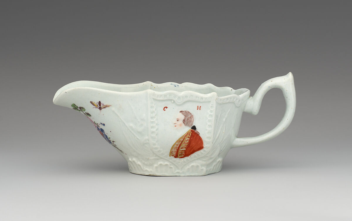 Sauceboat with depictions of Commodore Howe and the Duke of Marlborough, Vauxhall (British, ca. 1753–ca. 1763), Soft-paste porcelain, British, Vauxhall