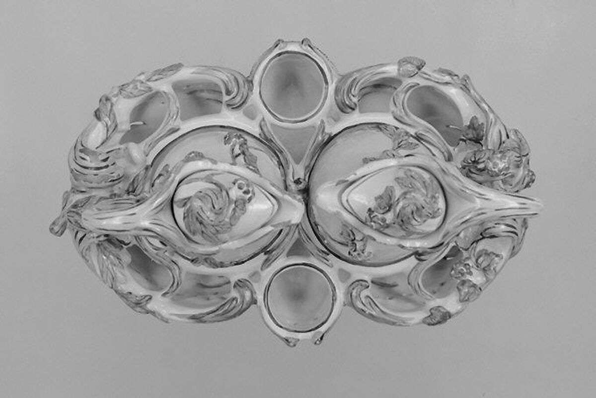 Cruet frame and two cruets with covers, Faience (tin-glazed earthenware), French, Sceaux