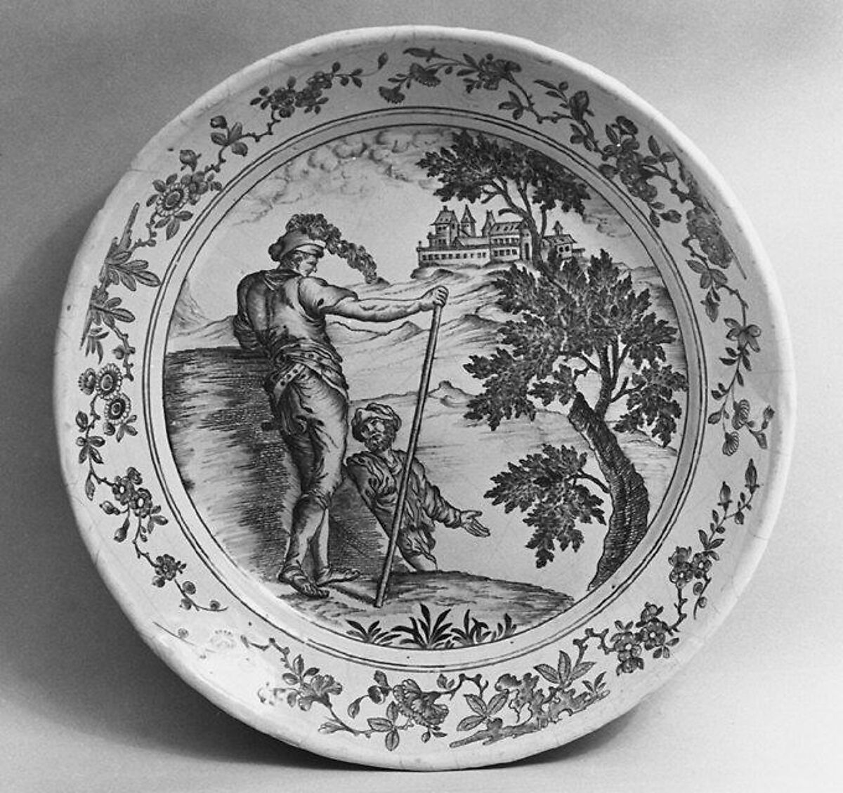 Plate, After an etching by Salvator Rosa (Italian, Arenella (Naples) 1615–1673 Rome), Faience (tin-glazed earthenware), French, Sinceny 