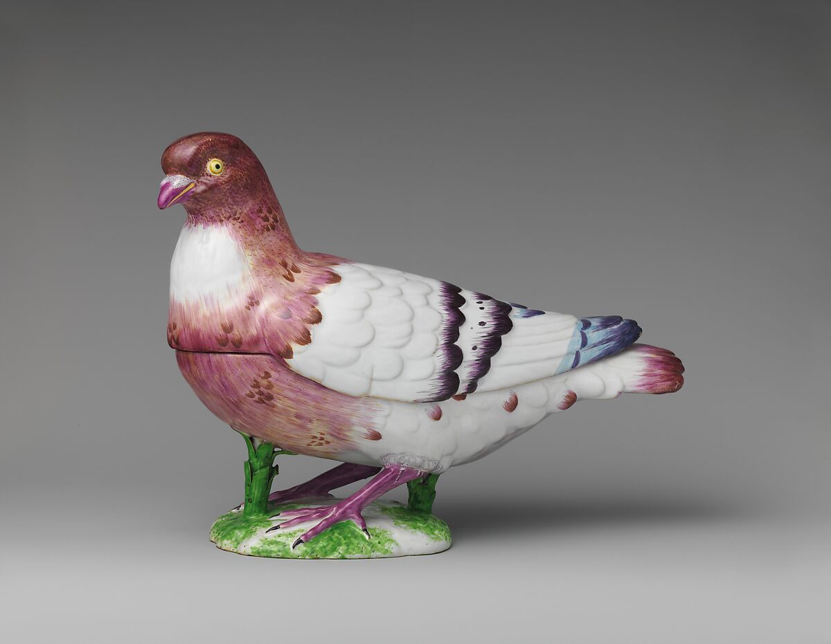 Tureen with cover in the form of a pigeon, Period of Paul Hannong (1755–1759), Faience (tin-glazed earthenware), French, Strasbourg 