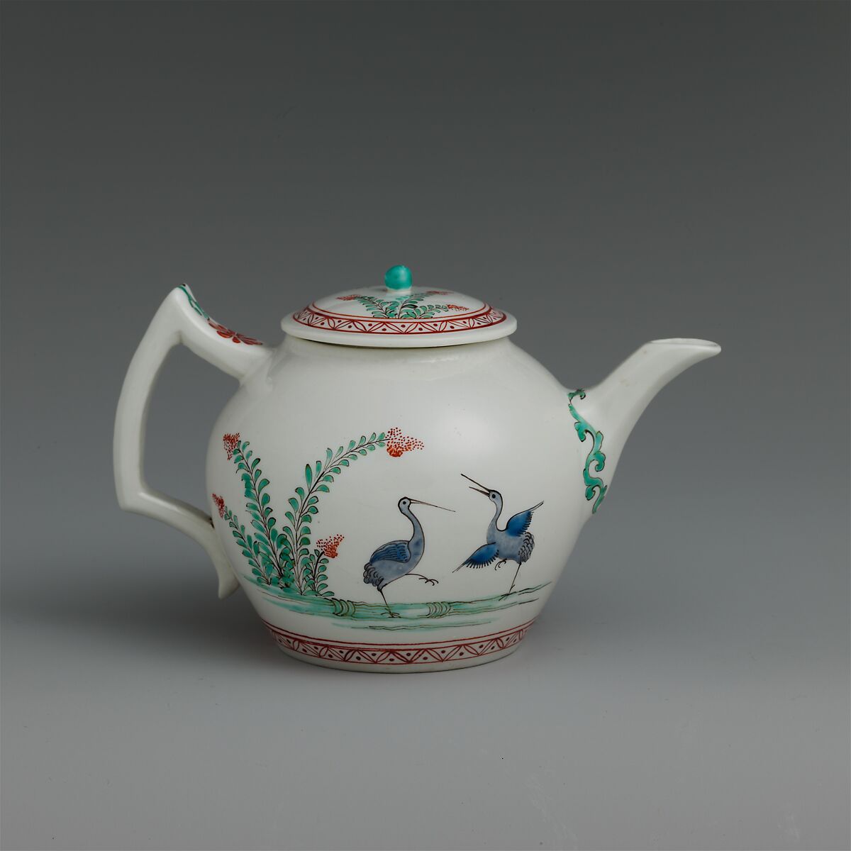 Teapot with storks, Chantilly (French), Soft-paste porcelain painted with colored enamels over tin glaze, French, Chantilly 