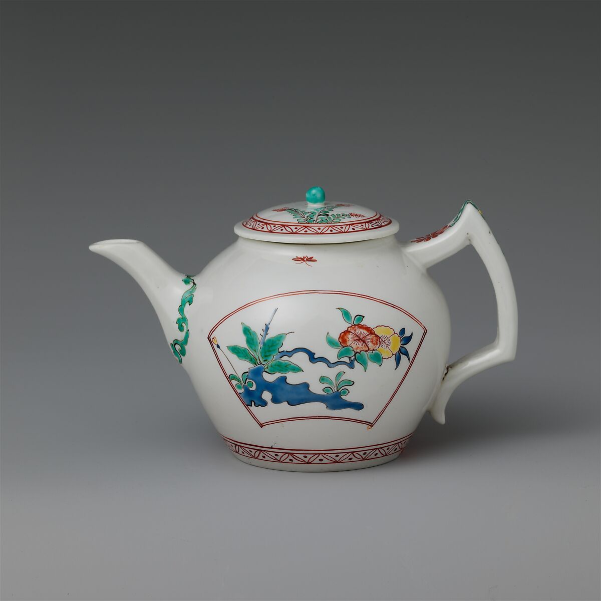 Teapot with storks, Chantilly (French), Soft-paste porcelain painted with colored enamels over tin glaze, French, Chantilly