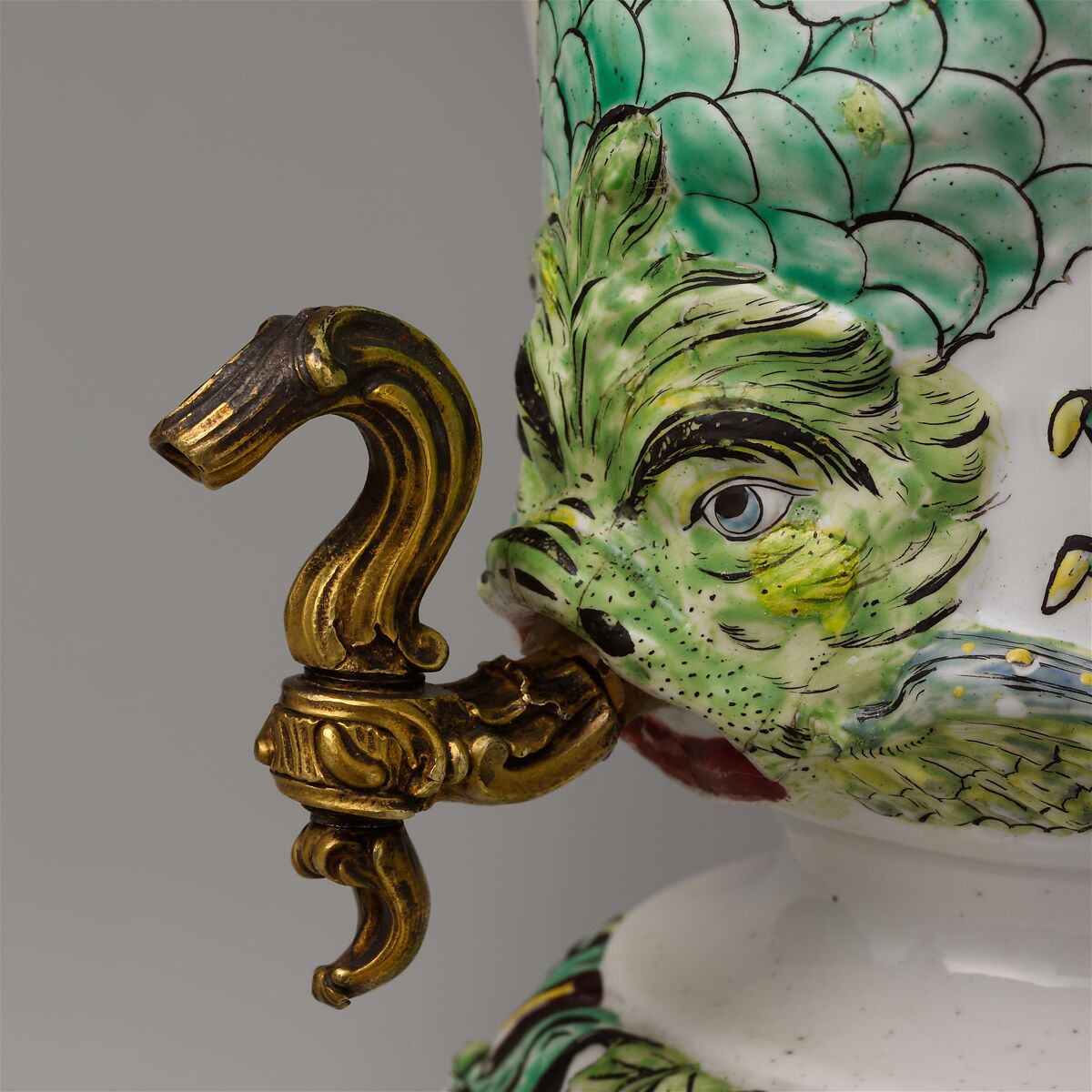 Fountain with cover and spigot, Mennecy, Tin-glazed soft-paste porcelain; gilt bronze, French, Mennecy