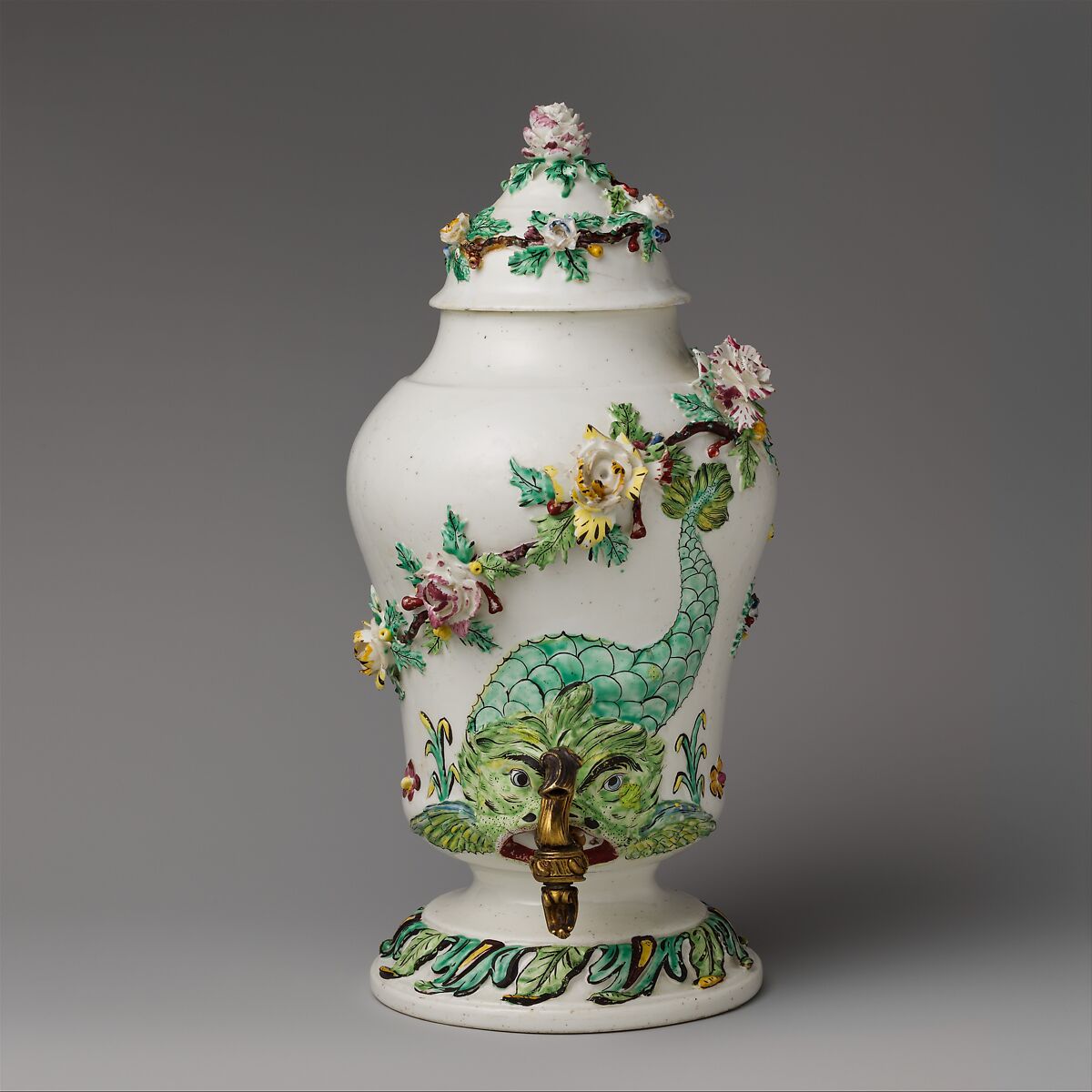 Fountain with cover and spigot, Mennecy, Tin-glazed soft-paste porcelain; gilt bronze, French, Mennecy 