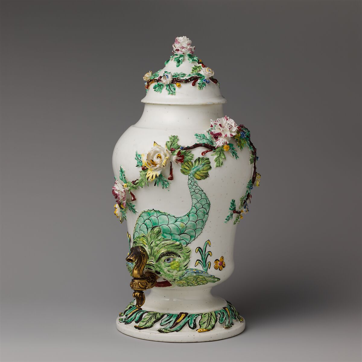 Fountain with cover and spigot, Mennecy, Tin-glazed soft-paste porcelain; gilt bronze, French, Mennecy