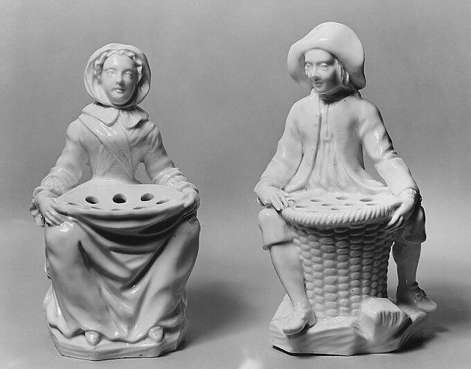 Pair of flower sellers, Saint-Cloud factory (French, mid-1690s–1766), Soft-paste porcelain, French, Saint-Cloud 