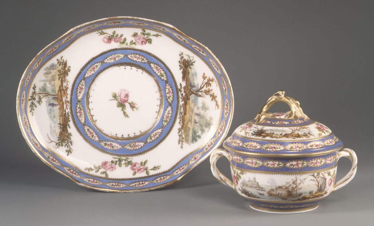 Bowl with cover (écuelle) and tray, Sèvres Manufactory (French, 1740–present), Soft-paste porcelain, French, Sèvres 