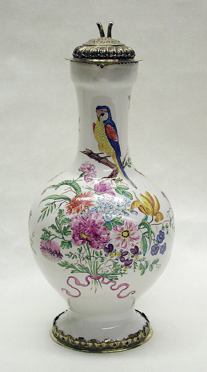 Jug (Enghalskrug), Bartholomäus Seuter (German, 1678–1754, active Augsburg), Tin-glazed earthenware, silver gilt, German, Augsburg