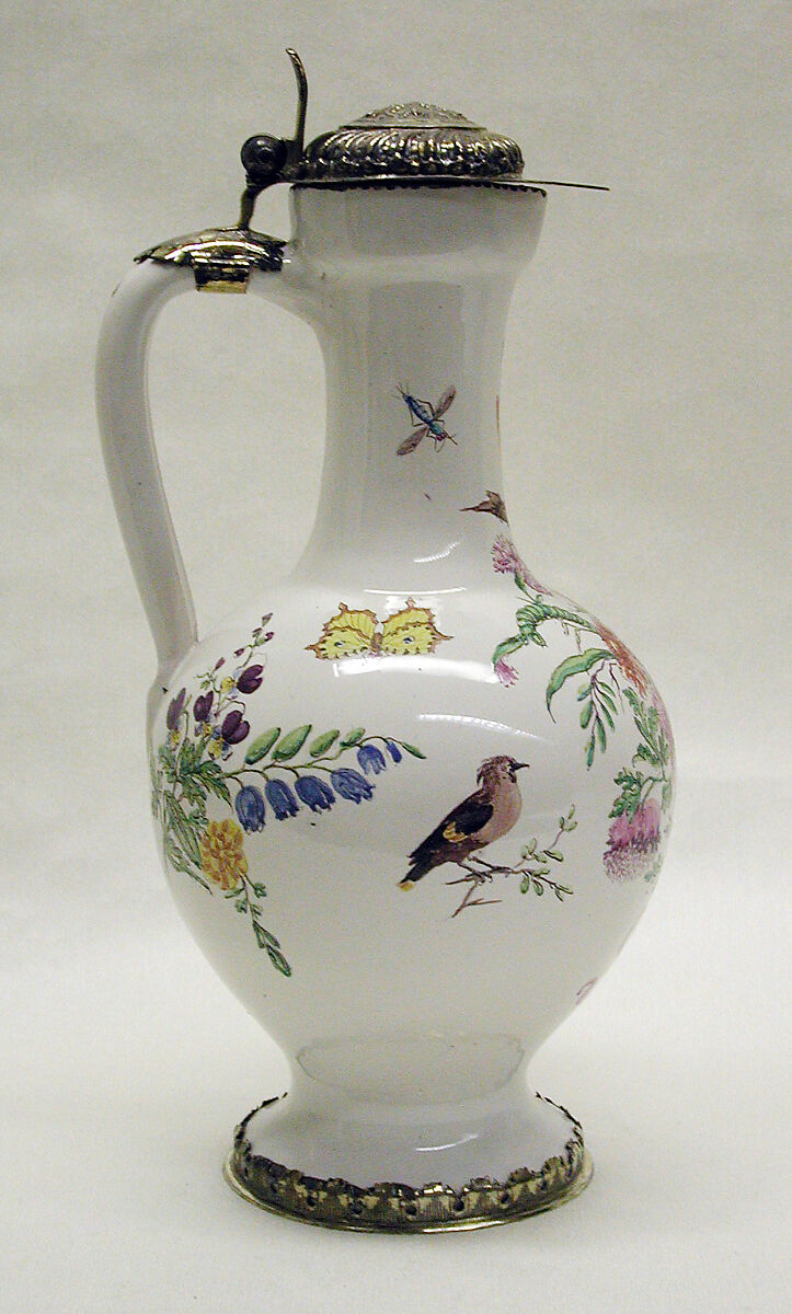 Jug (Enghalskrug), Bartholomäus Seuter (German, 1678–1754, active Augsburg), Tin-glazed earthenware, silver gilt, German, Augsburg