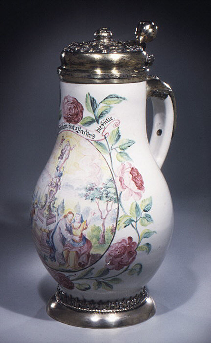 Jug (Krug), Abraham Helmhack (1654–1724), Faience (tin-glazed earthenware); silver-gilt, German, Hanau with Nuremberg 