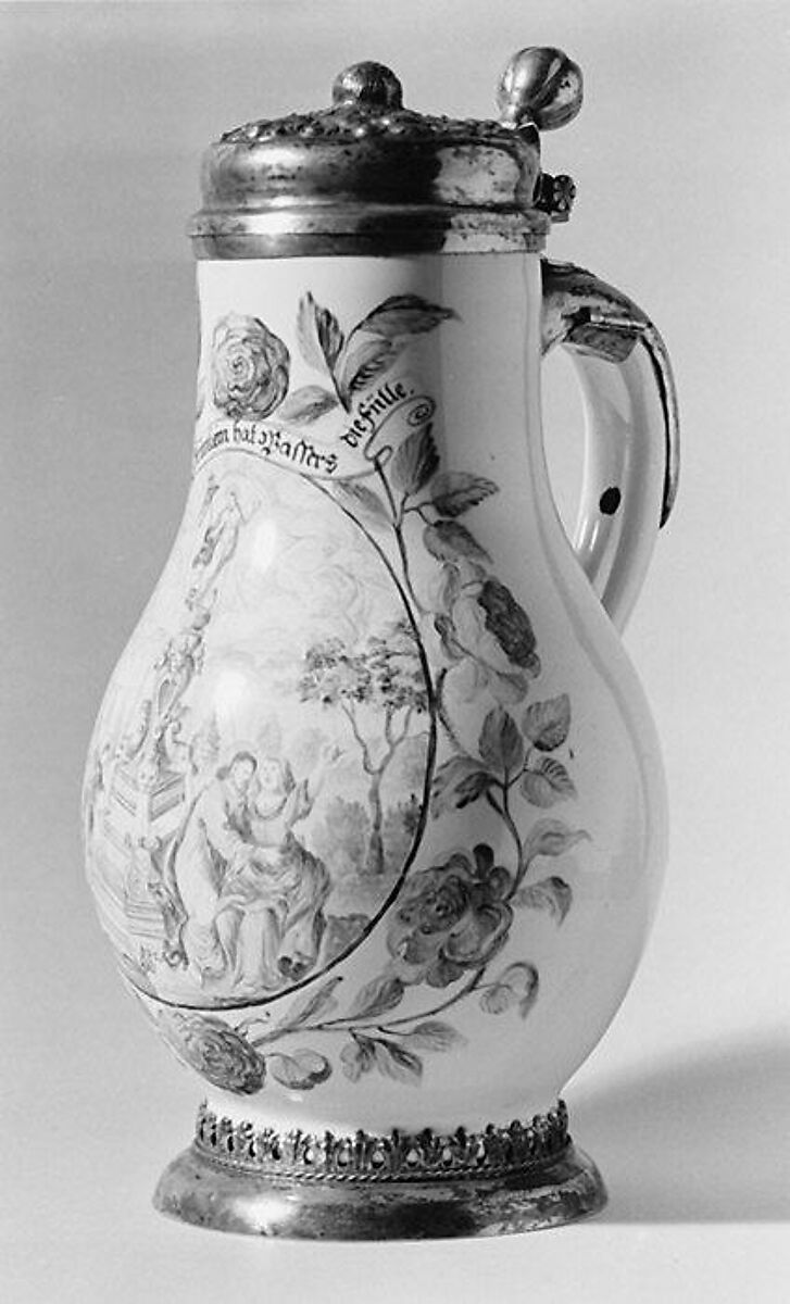 Jug (Krug), Abraham Helmhack (1654–1724), Faience (tin-glazed earthenware); silver-gilt, German, Hanau with Nuremberg