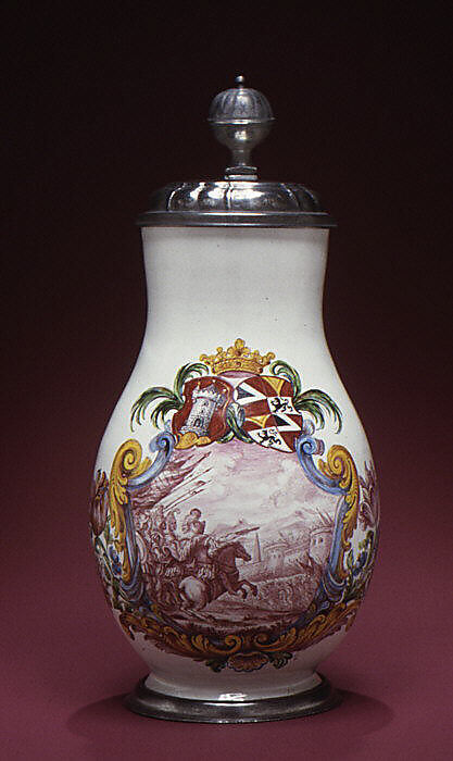 Jug, Johann Heel (1637–1709, master 1668), Faience (tin-glazed earthenware); pewter, German, Nuremberg
