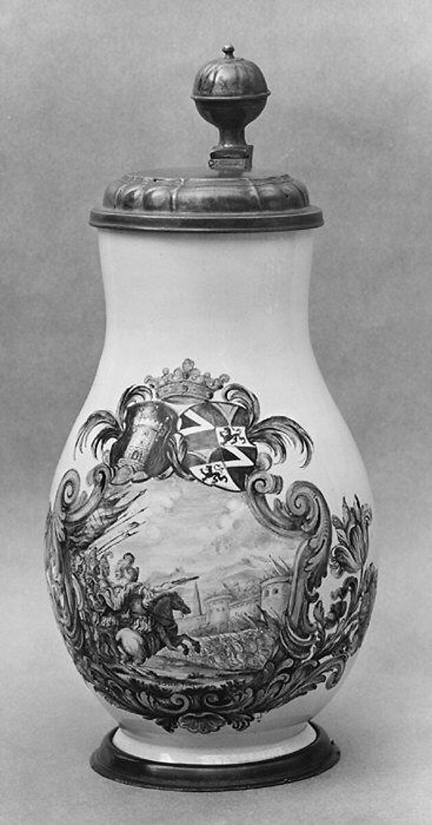 Jug, Johann Heel (1637–1709, master 1668), Faience (tin-glazed earthenware); pewter, German, Nuremberg