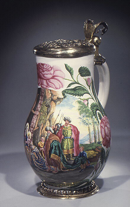 Jug, Wolf Rössler (German, 1650–1717, active Nuremburg), Tin-glazed earthenware; silver-gilt, German, Nuremberg