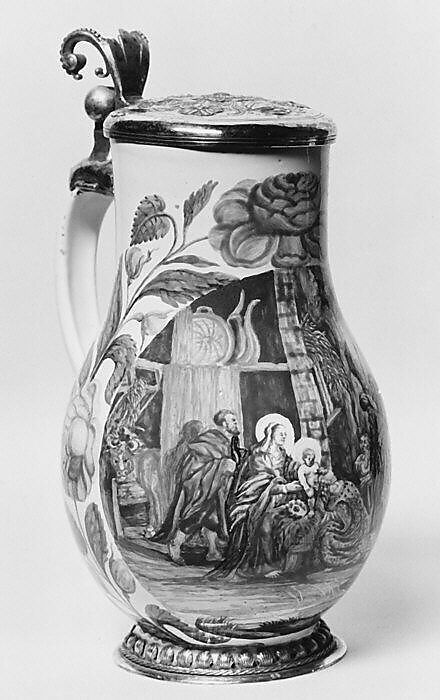Jug, Wolf Rössler (German, 1650–1717, active Nuremburg), Tin-glazed earthenware; silver-gilt, German, Nuremberg