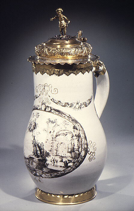 Jug, Johann Schaper (German, 1621–1670), Tin-glazed earthenware; copper gilt; gilt brass (?), German, Nuremberg 