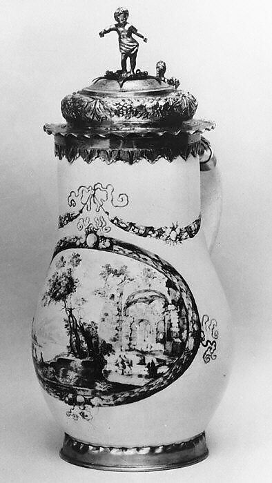 Jug, Johann Schaper (German, 1621–1670), Tin-glazed earthenware; copper gilt; gilt brass (?), German, Nuremberg