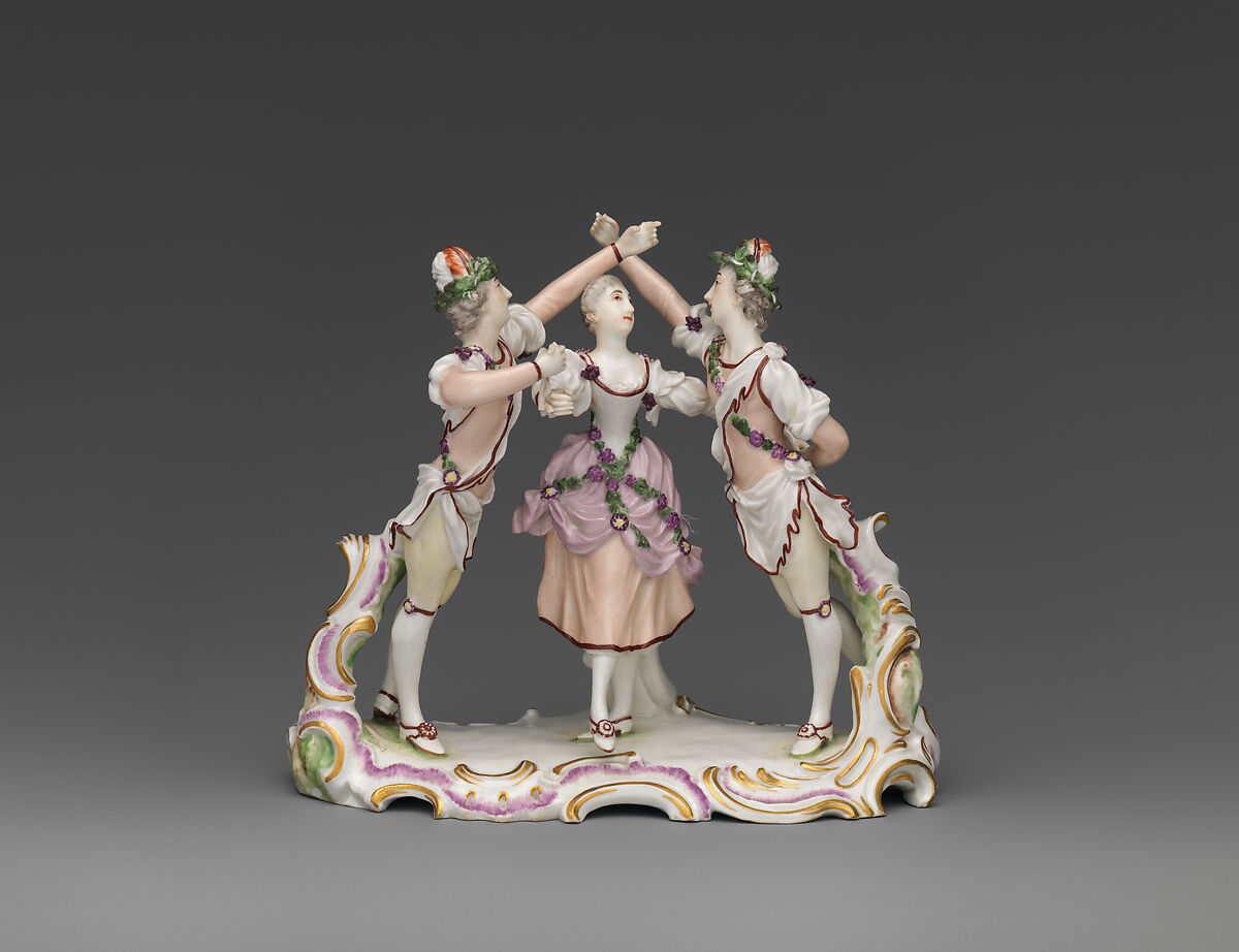 Three dancers, Ludwigsburg Porcelain Manufactory (German, 1758–1824), Hard-paste porcelain decorated in polychrome enamels, gold, German, Ludwigsburg 