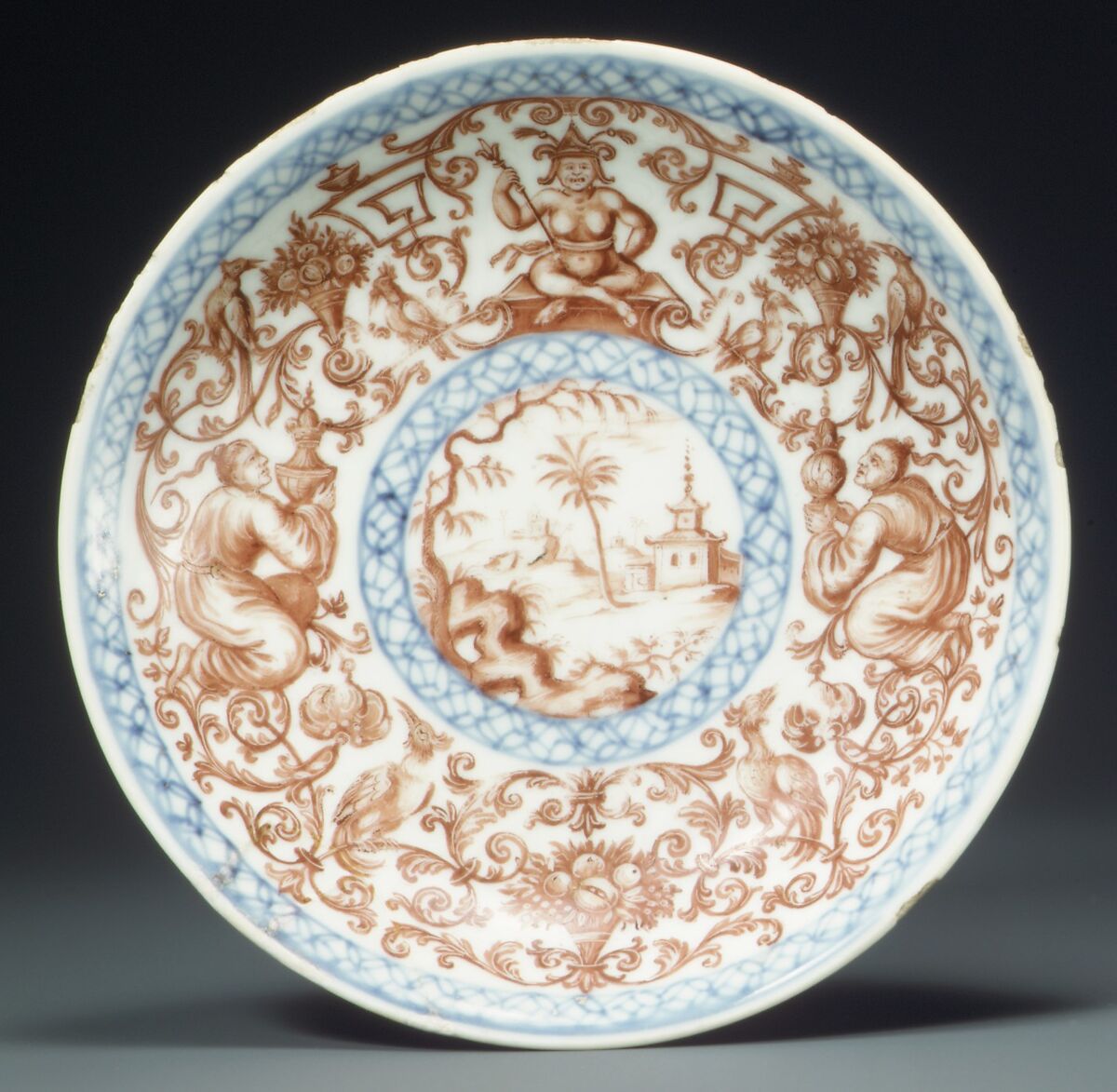Saucer, Decorated by the Hausmaler Ignaz Preissler (German, Friedrichswald 1676–1741Kronsstadt), Hard-paste porcelain, Chinese with Bohemian, Kronstadt (Kunstàt) decoration 