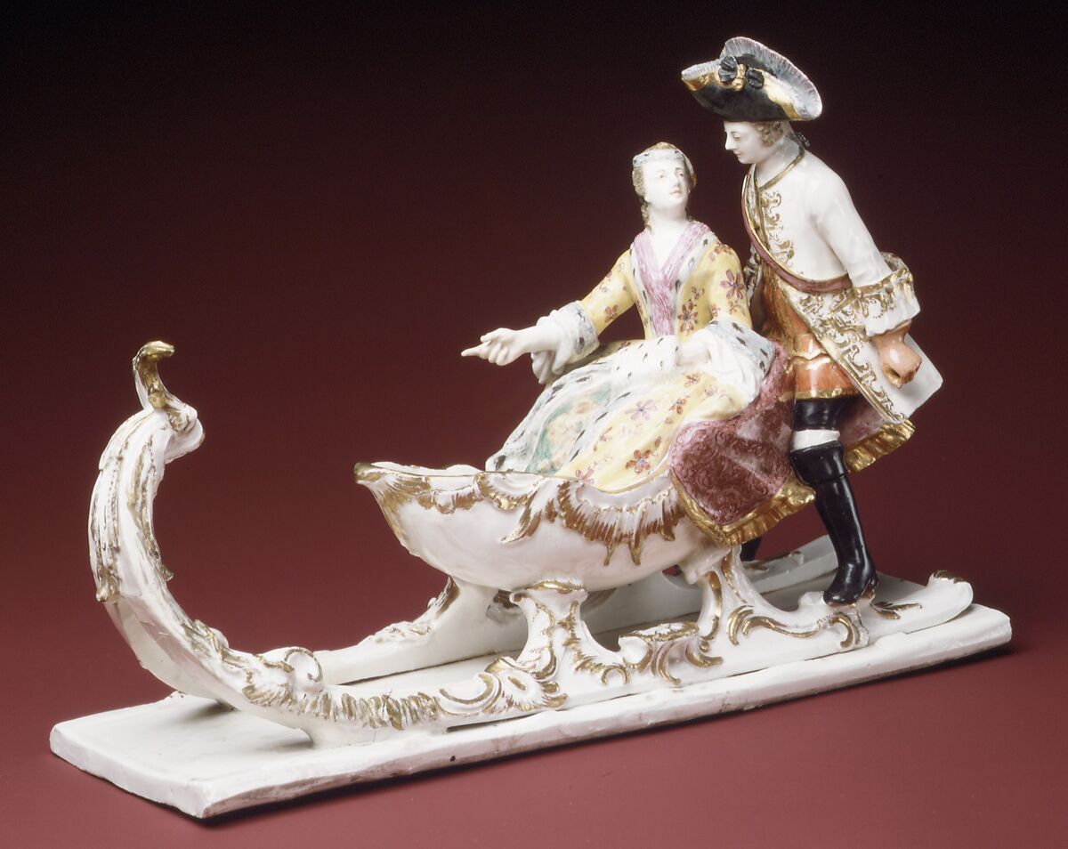 Man and woman with sleigh, Possibly Ansbach Pottery and Porcelain Manufactory (German, 1758–1860), Hard-paste porcelain, German, possibly Ansbach 