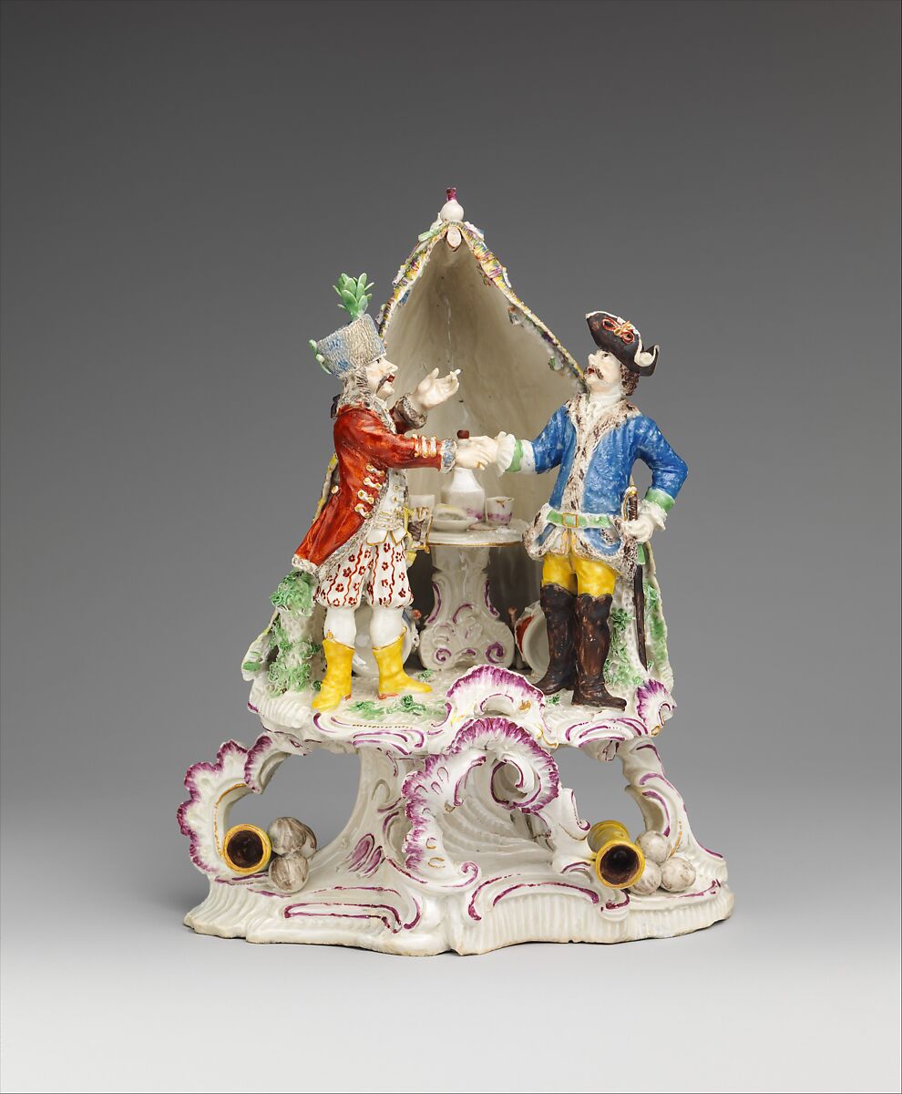 Two soldiers shaking hands, Kelsterbach Pottery and Porcelain Manufactory (German, 1758–ca. 1823), Hard-paste porcelain decorated in polychrome enamels, gold, German, Kelsterbach 