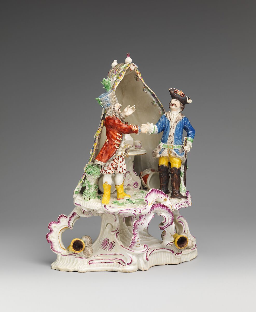 Two soldiers shaking hands, Kelsterbach Pottery and Porcelain Manufactory (German, 1758–ca. 1823), Hard-paste porcelain decorated in polychrome enamels, gold, German, Kelsterbach
