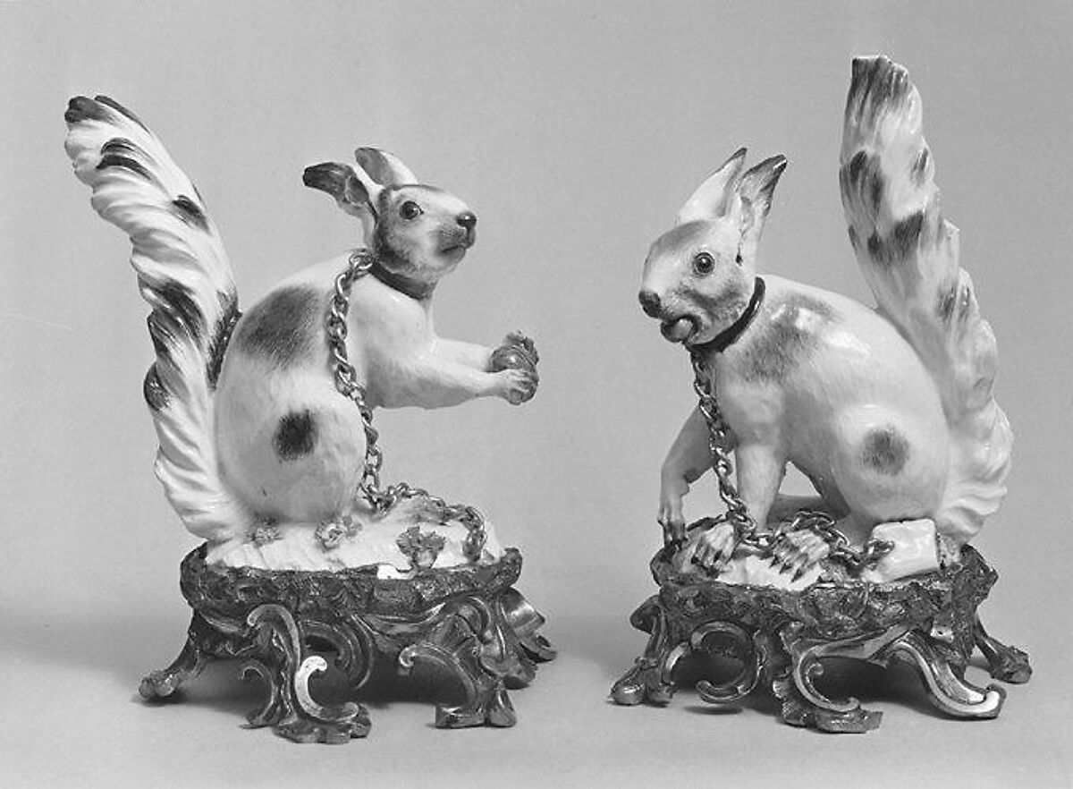 Pair of squirrels, Meissen Manufactory (German, 1710–present), Hard-paste porcelain, gilt bronze, German, Meissen 