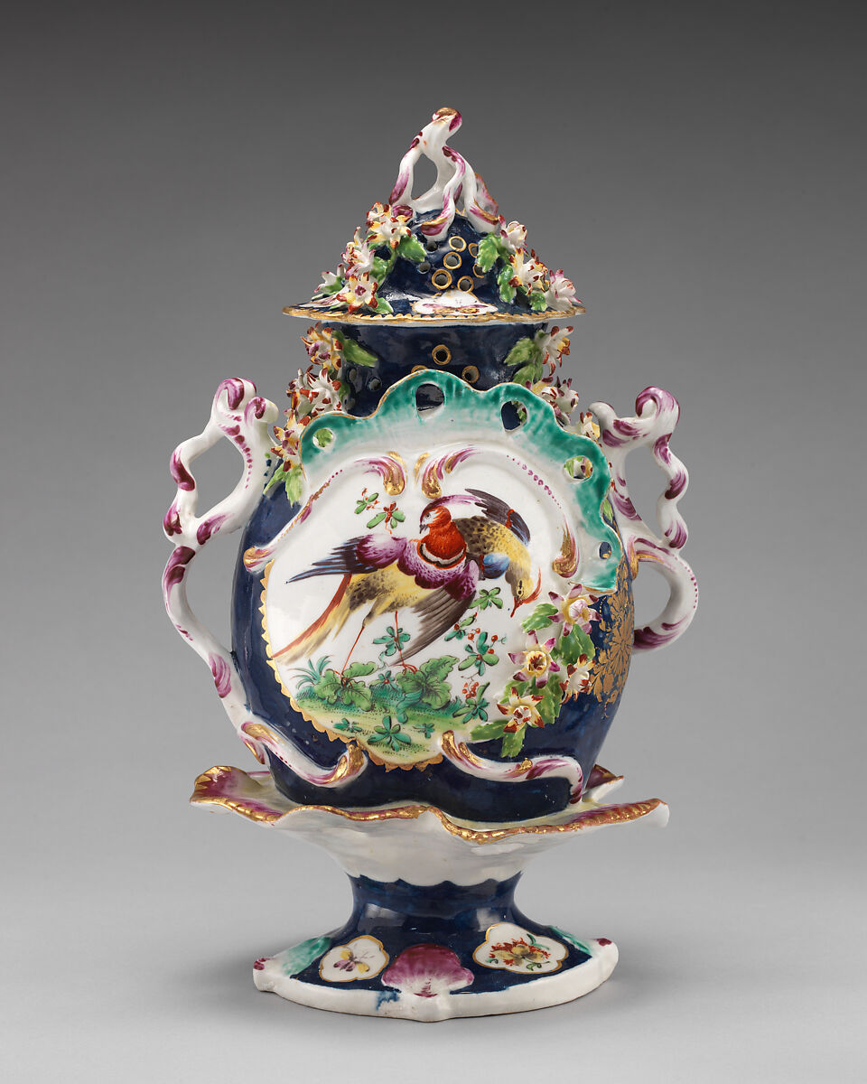 Vase with cover (part of a garniture), Bow Porcelain Factory (British, 1747–1776), Soft-paste porcelain, British, Bow, London 